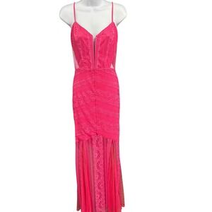 bebe Andie‎ Sheer Striped Lace Gown Dress Hot Pink Size 10 Sleeveless Evening